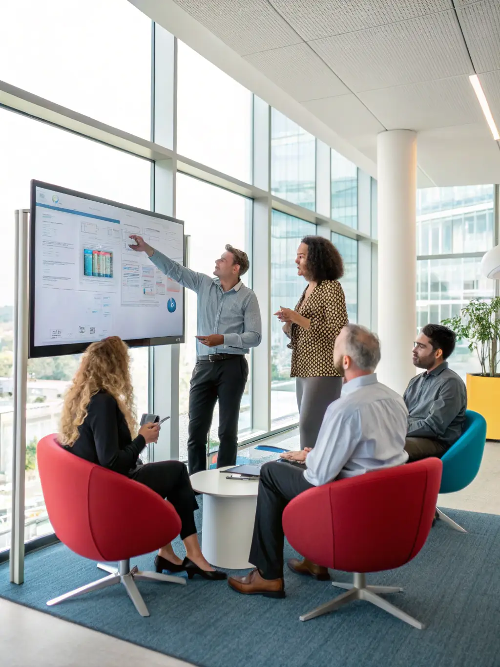 A consultant working with a team to develop an AI strategy on a whiteboard, brainstorming and mapping out key initiatives.
