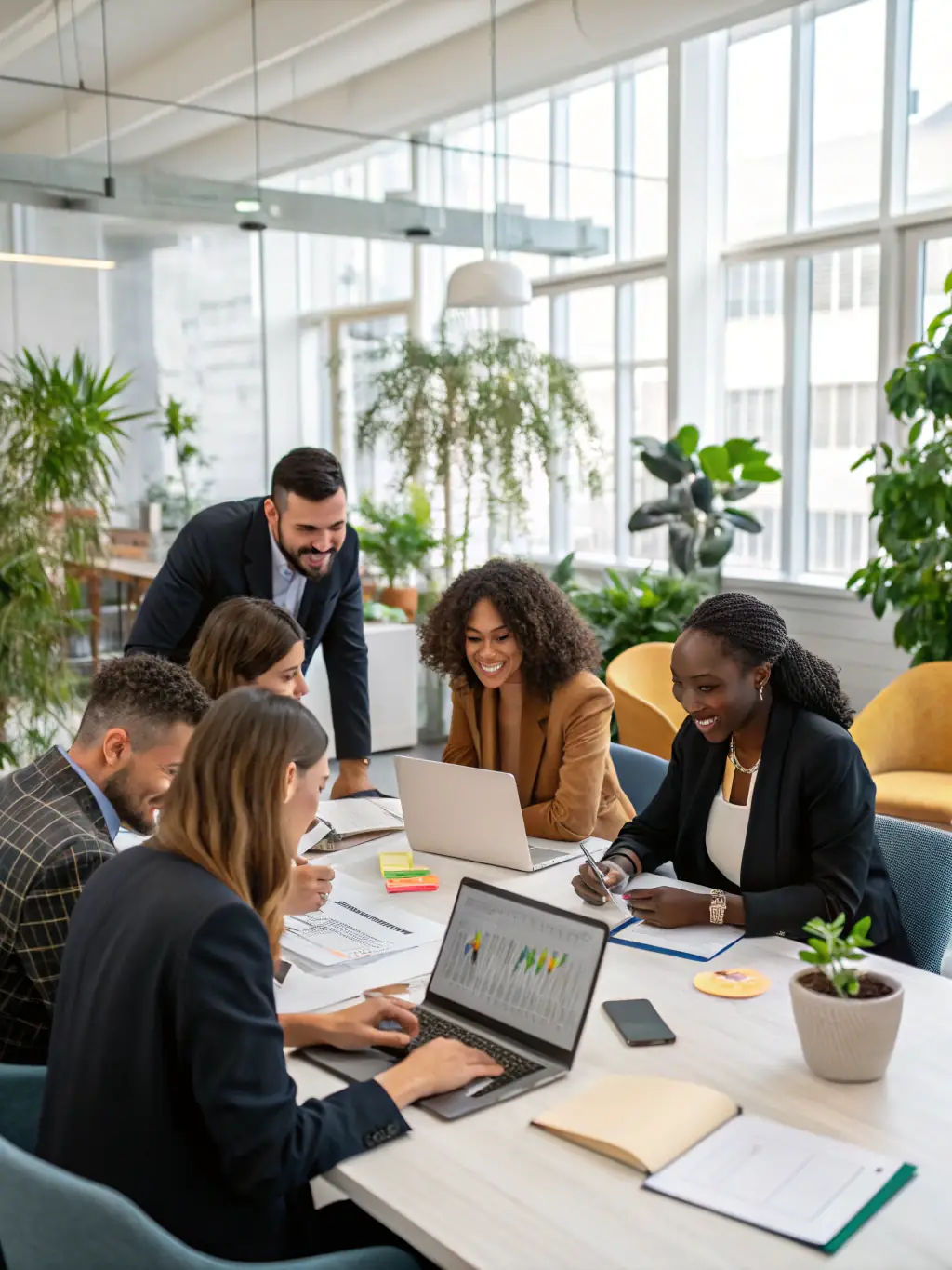 A diverse team collaborating on AI solutions in a modern office environment, showcasing innovation and expertise.
