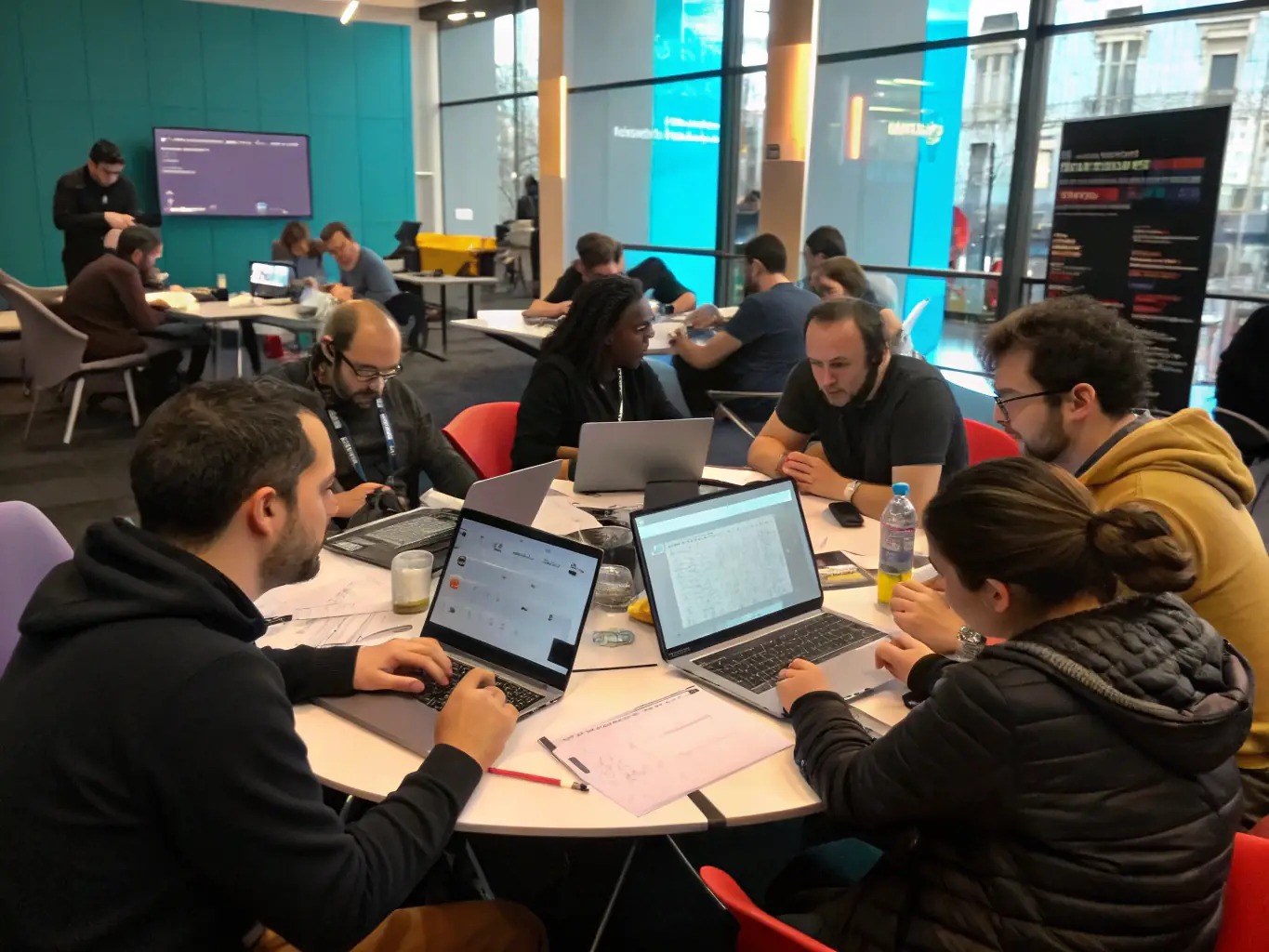 A consultant leading a workshop on AI strategy, with participants actively engaged in discussion and planning.